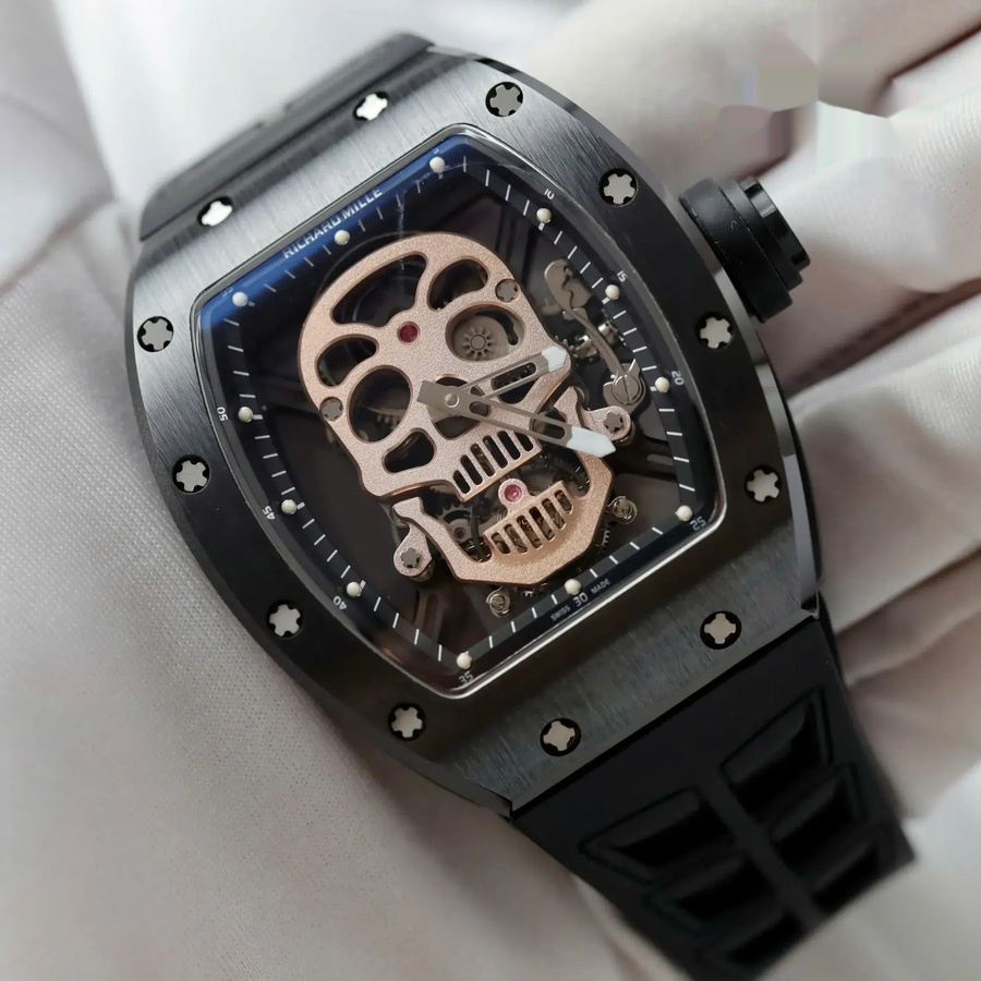 Reloj réplica: Richard Mille RM 52-01 Skull, tourbillon, cerámica negra, correa de caucho, 43 mm — de alta precisión – Foto 1
