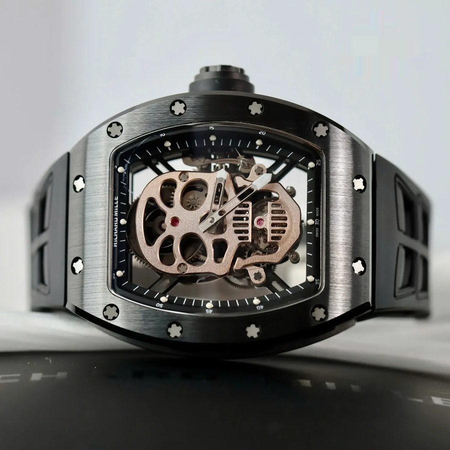 Reloj réplica: Richard Mille RM 52-01 Skull, tourbillon, cerámica negra, correa de caucho, 43 mm — de alta precisión – Foto 3
